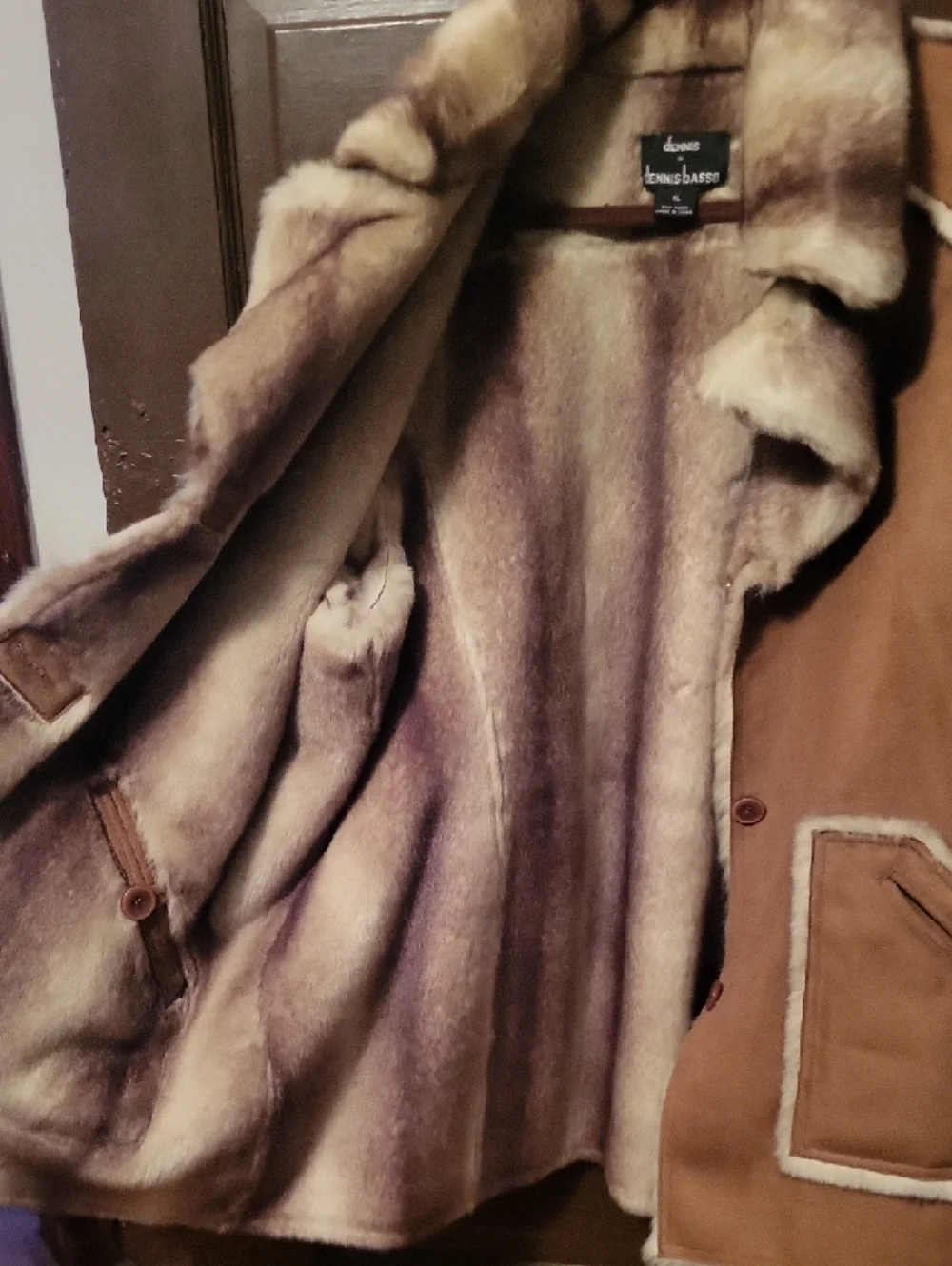 dennis basso Tan Teddy Shearling Coat with Cream Trim - Picture 3 of 3
